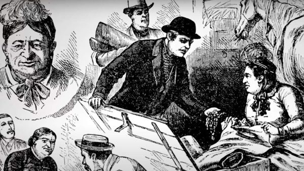 Detail from a montage depicting Mrs. Mandelbaum’s ill-gotten gains and the raid on her shop, from an 1884 issue of the National Police Gazette, a 19th- and early 20th-century scandal sheet. 