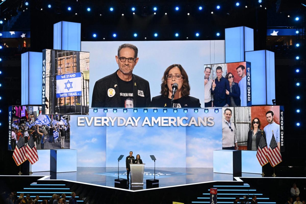 (L-R) Ronen Neutra and Orna Neutra, whose son is being held hostage by Hamas, speak during the third day of the 2024 Republican National Convention at the Fiserv Forum in Milwaukee, Wisconsin, July 17, 2024. (Andrew Caballero-Reynolds/AFP via Getty Images)