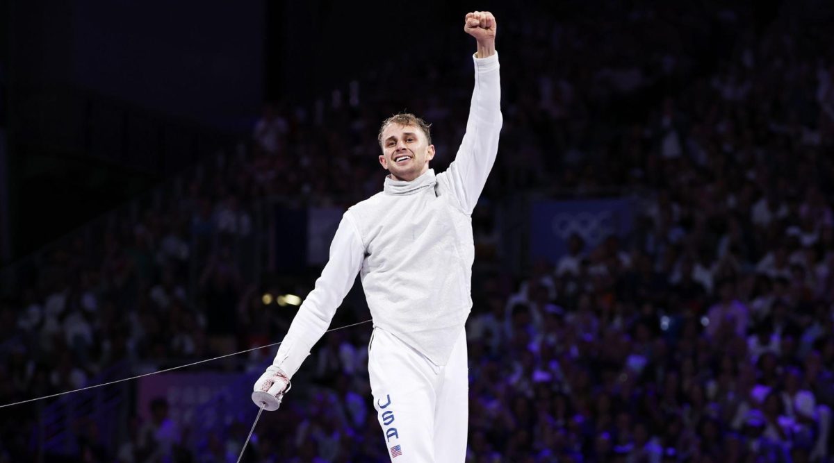 Nick Itkin celebrates winning the mens foil individual bronze medal at the 2024 Paris Olympics, July 29, 2024, in Paris. 