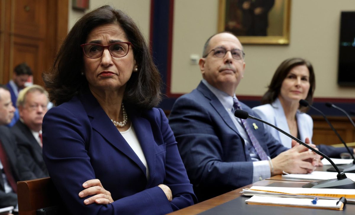 Columbia University officials, including President Nemat “Minouche” Shafik, Dean Emeritus David Schizer and Board of Trustees Co-Chair Claire Shipman, testify before the House Committee on Education & the Workforce at Rayburn House Office Building, Washington, April 17, 2024. (Alex Wong/Getty Images)