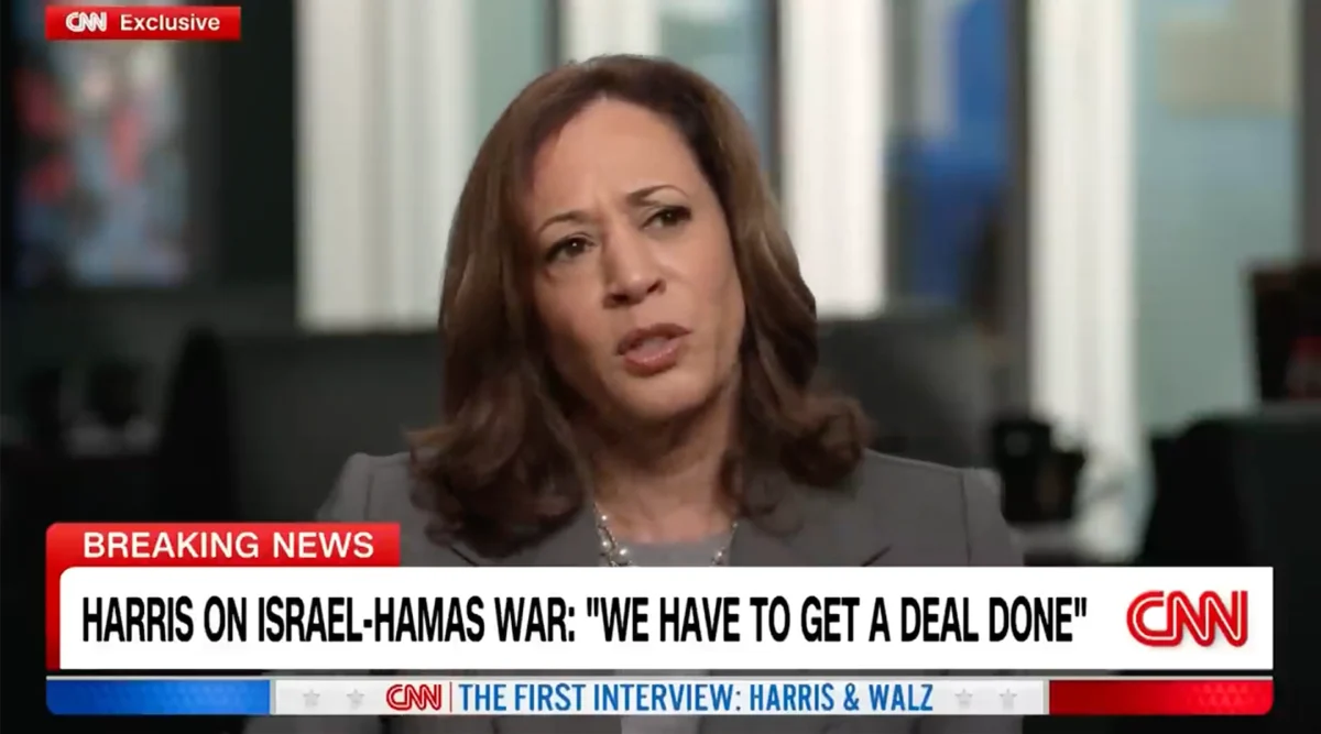 Appearing on CNN for a sit-down interview, Kamala Harris answered Dana Bash's questions about the Israel-Hamas war, Aug. 29, 2024. (Screenshot from CNN)