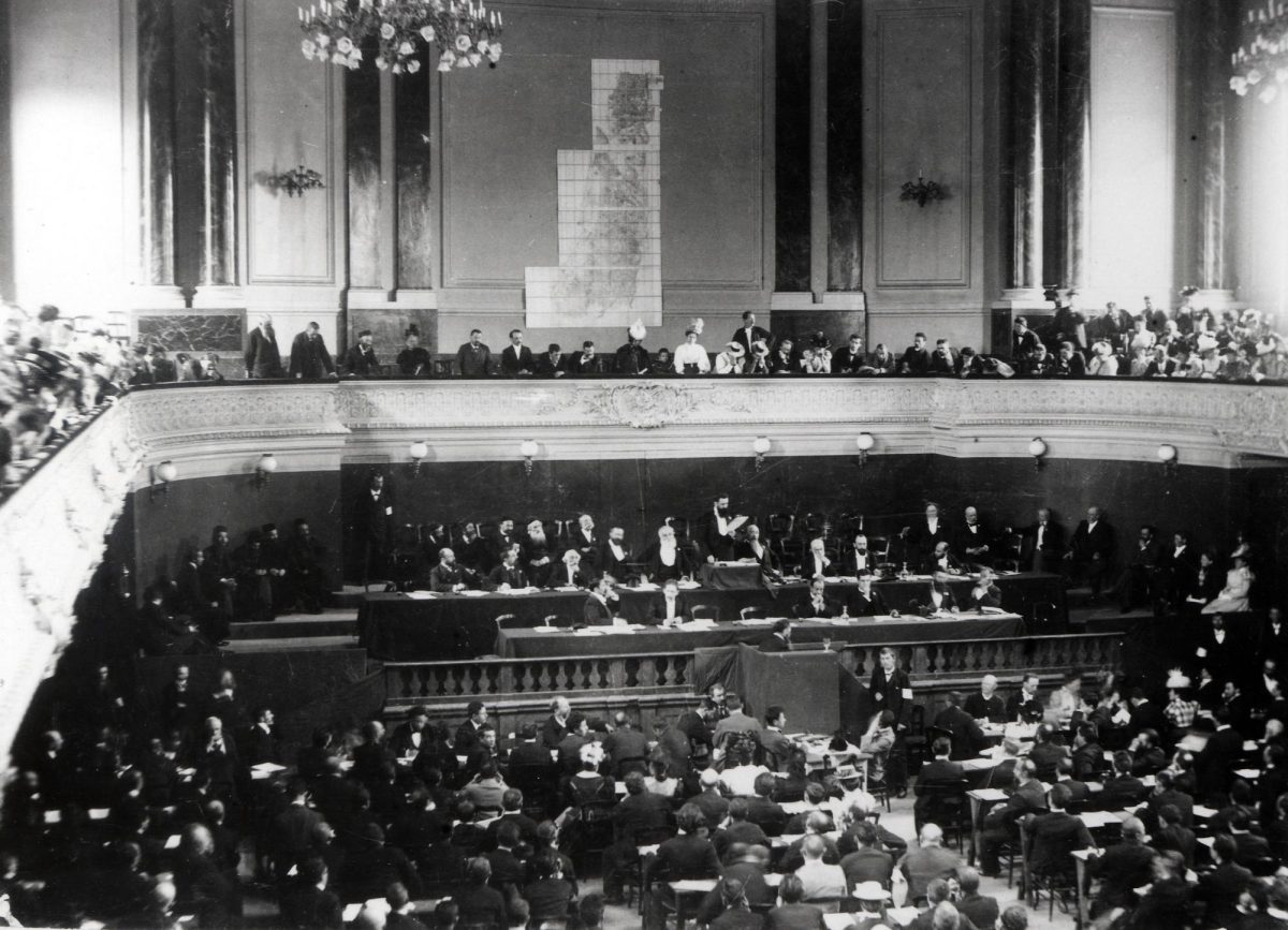 Theodor Herzl addresses the First Zionist Congress in Basel, Switzerland.