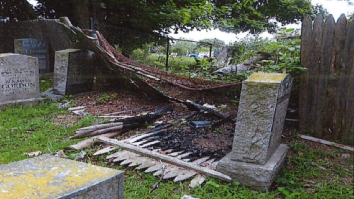 Damage to a fence and Jewish tombstone at the Workmen’s Circle Cemetery in Melrose, Mass., Aug. 20, 2024. Credit: Melrose Police Department.
