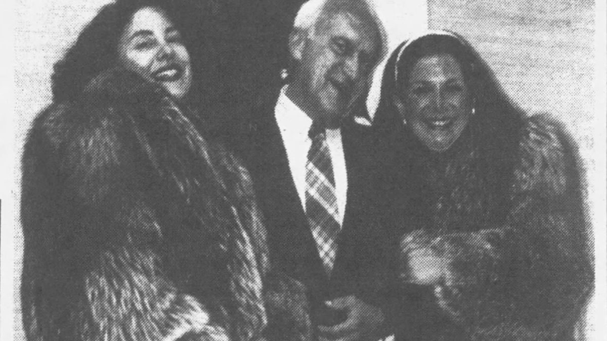 NCJW Couturier Sale Cochairmen Andrea Gardner (left) and Jane Hochman (right) flank Bernie Bornstein of the Fur Centre, who is honored at the sale’s Silver Anniversary Gala Dinner on Sept. 16. At Plaza Frontenac.  (1989)