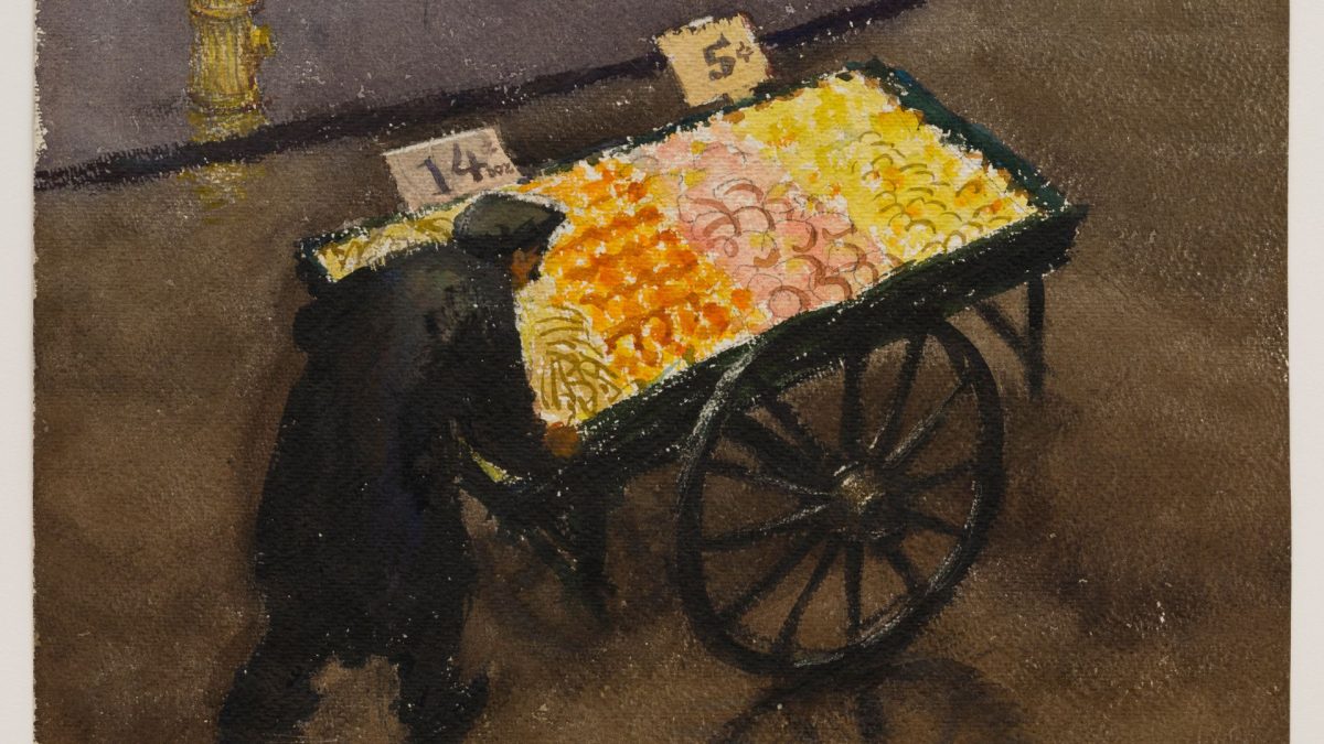 Joseph Hirsch, American, 1910–1981; “Fruit in the Rain”, about 1938; watercolor over graphite, with scraped highlights; 14 1/4 x 17 7/8 in.; Saint Louis Art Museum, Gift of the Federal Works Agency, Work Projects Administration 290:1943