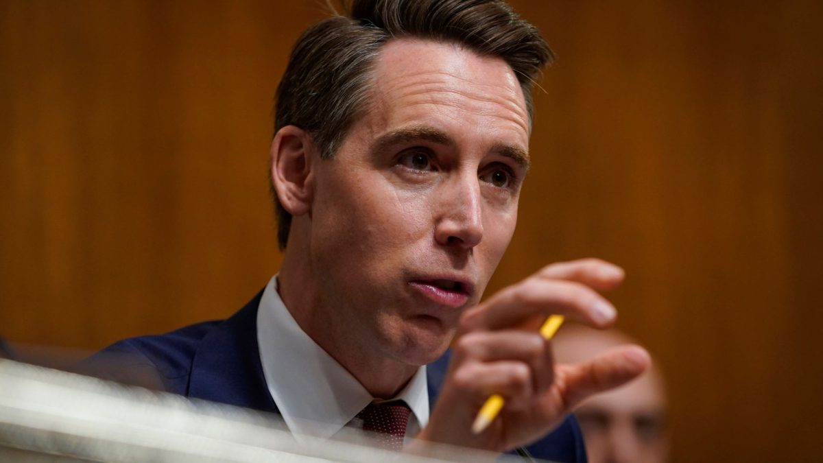 May 16, 2023; Washington, DC, USA; Sen. Josh Hawley, R-Mo., questions Samuel Altman, CEO, OpenAI, testifying before the Senate Committee on the Judiciary Subcommittee on Privacy, Technology, and the Law hearing on Artificial Intelligence in Washington. Mandatory Credit: Jack Gruber-USA TODAY