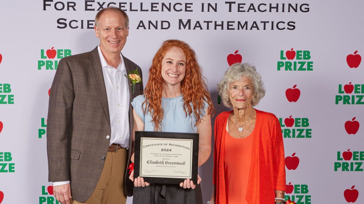 Carol Loeb (right) with St. Louis Science Center CEO Todd Bastean and Elisabeth Greenwood, the recipient of the Loeb Prize for excellence in teaching science and mathematics. 