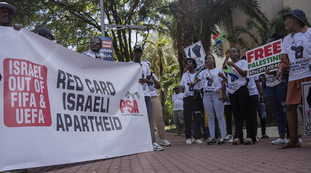 Demonstrators gathered outside the South African Football Association building to demand that FIFA suspend Israel's membership, March 16, 2024, in Johannesburg. (Ihsaan Haffejee/Anadolu via Getty Images)