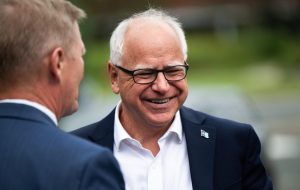 Minnesota Gov. Tim Walz arrives at City Hall in Bloomington, Minnesota, Aug. 1, 2024. (Stephen Maturen/Getty Images)