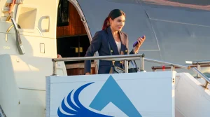 Laura Loomer arrives at Philadelphia International Airport on The Trump Organization's Boeing 757 ahead of The ABC News Presidential Debate, Philadelphia, Sept. 10, 2024. 