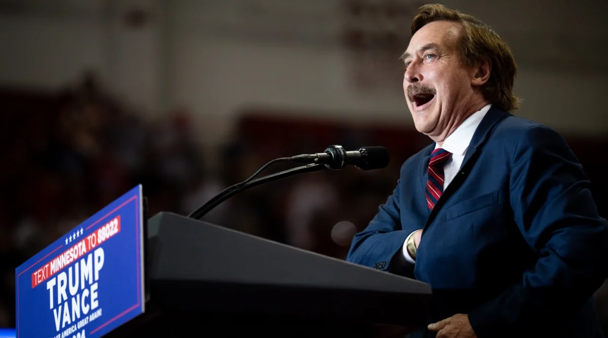 Businessman Mike Lindell speaks at a rally featuring U.S. Republican Presidential nominee former President Donald Trump and Republican vice presidential nominee U.S. Sen. J.D. Vance of Ohio at Herb Brooks National Hockey Center, St. Cloud, Minnesota, July 27, 2024. (Stephen Maturen/Getty Images)