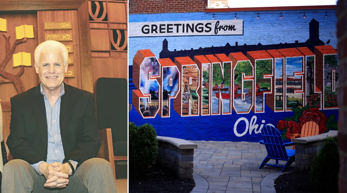 (L-r) Rabbi Cary Kozberg of Temple Sholom in Springfield, Ohio, in 2016; a mural in Springfield, Sept. 16, 2024. (Courtesy of Dayton Jewish Observer; Luke Sharrett/Getty Images)