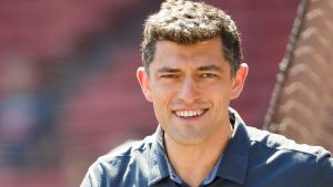 Aug 28, 2022; Boston, Massachusetts, USA; Chaim Bloom, Chief Baseball Officer of the Boston Red Sox on the field before the game between the Boston Red Sox and the Tampa Bay Rays at Fenway Park. 