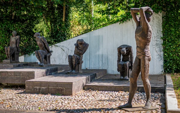 The Fred Kormis Statues in London’s Gladstone Park depict concentration camp prisoners in various poses, as seen June 25, 2024. (Courtesy Adam Soller Photography)