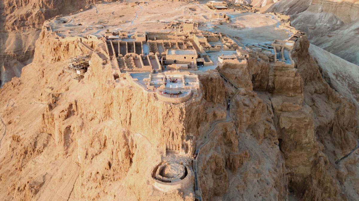 Aerial view of the ruins of Masada, a fortress built by Herod the Great on a clifftop in the desert of what is now Israel. (Getty Images)

