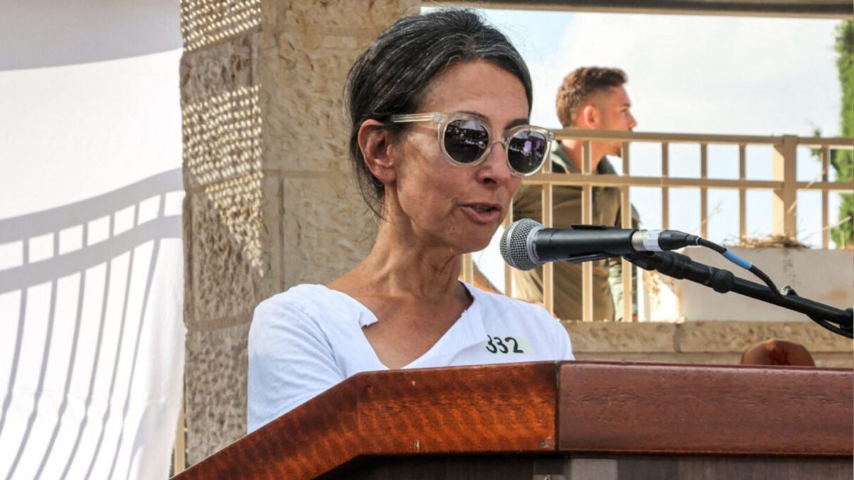 Rachel Goldberg, mother of killed U.S.-Israeli hostage Hersh Goldberg-Polin whose body was recovered with five other hostages in Gaza, speaks during his funeral in Jerusalem, Sept. 2, 2024. (Gil Cohen-Magen/pool/AFP via Getty Images)