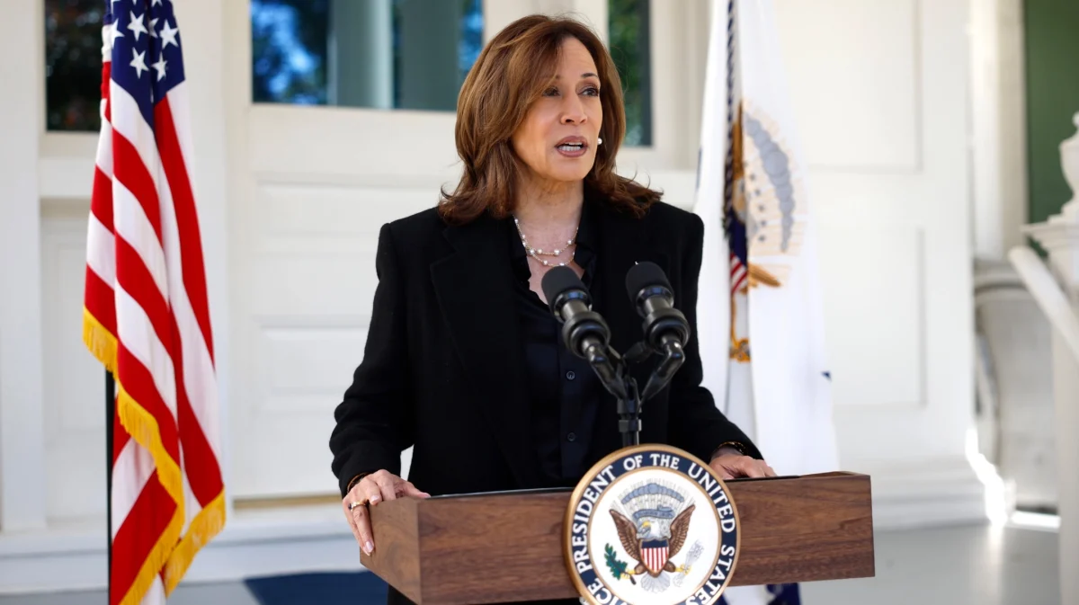 Democratic presidential nominee, U.S. Vice President Kamala Harris delivers remarks before departing the vice president’s residence, Oct. 23, 2024.  (Kevin Dietsch/Getty Images)