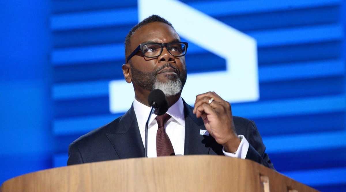 Chicago Mayor Brandon Johnson speaks during the Democratic National Convention at the United Center, Aug. 19, 2024, in Chicago. (Jacek Boczarski/Anadolu via Getty Images)