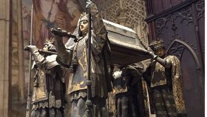 The Christopher Columbus tomb in Seville cathedral in Spain. 
