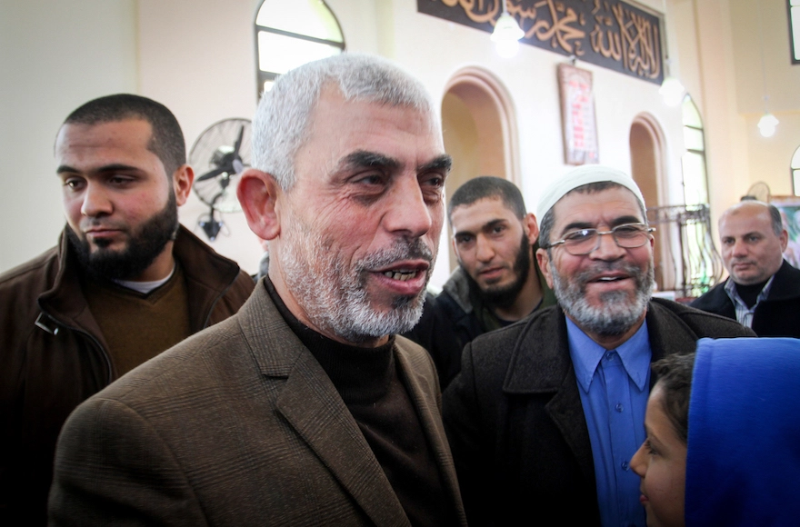 Yahya Sinwar at the opening of a new mosque in Rafah, in the southern Gaza Strip, Feb. 24, 2017. (Abed Rahim Khatib/ Flash90)