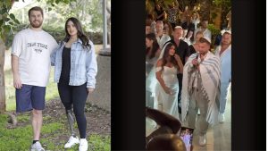 Ben Binyamin (left) and Gali Segal (right), a young couple who both lost their right legs on Oct. 7 at the Nova Festival, celebrated their wedding this summer. Photo by Israel in Chicago Facebook / Stand With Us YouTube Screenshot / Canva