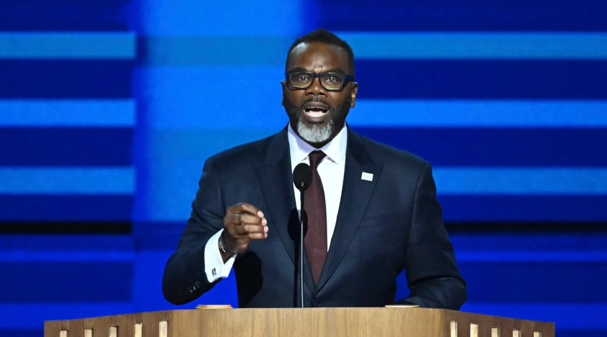 Chicago Mayor Brandon Johnson speaks on the first day of the Democratic National Convention in Chicago. (Mandel Ngan / AFP via Getty Images)
