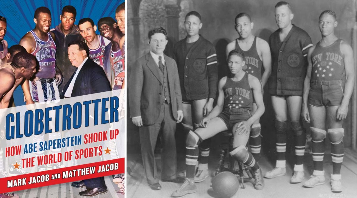 At left, the book cover of Mark and Matthew Jacob's Abe Saperstein biography (Courtesy). At right, Saperstein, far left, in the earliest known team photo of the Globetrotters, from the 1930–1931 season. (Berkley Family Collection)