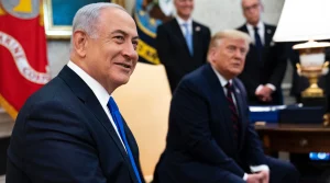 U.S. President Donald Trump and Prime Minister of Israel Benjamin Netanyahu participate in a meeting in the Oval Office of the White House, 