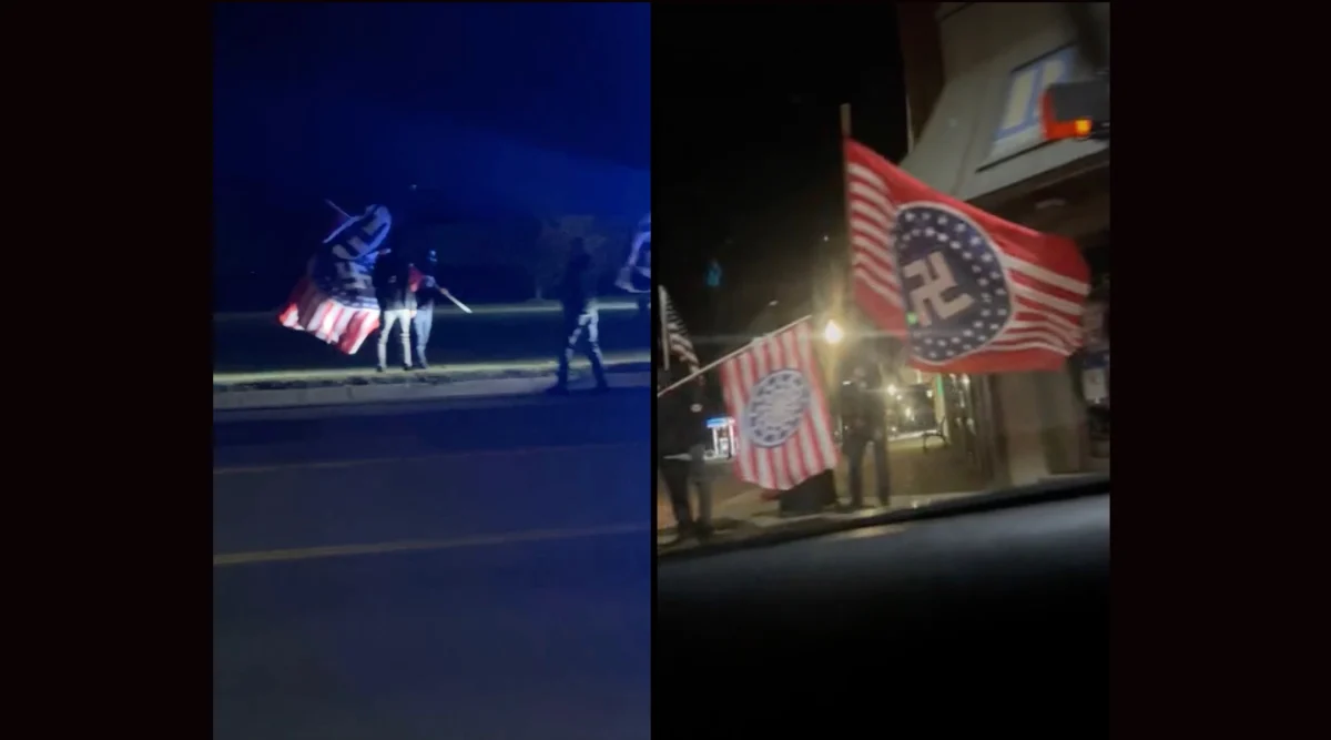 (L-r) Demonstrators waved Nazi flags across the street from a community theater production of "The Diary of Anne Frank" in Howell, Michigan, Nov. 9, 2024; the group then moved onto nearby Fowlerville, Michigan. (Screenshots via American Legion Howell and WLNS News)