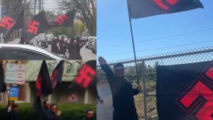 On the left: Two video screen grabs from Ohio. A group of neo-Nazis marched through downtown Columbus, Ohio, waving swastika flags and displaying antisemitic language, Nov. 16, 2024. (Screenshot via CBS News)

On the right, image taken Oct. 5 in Town & Country, Mo. 

