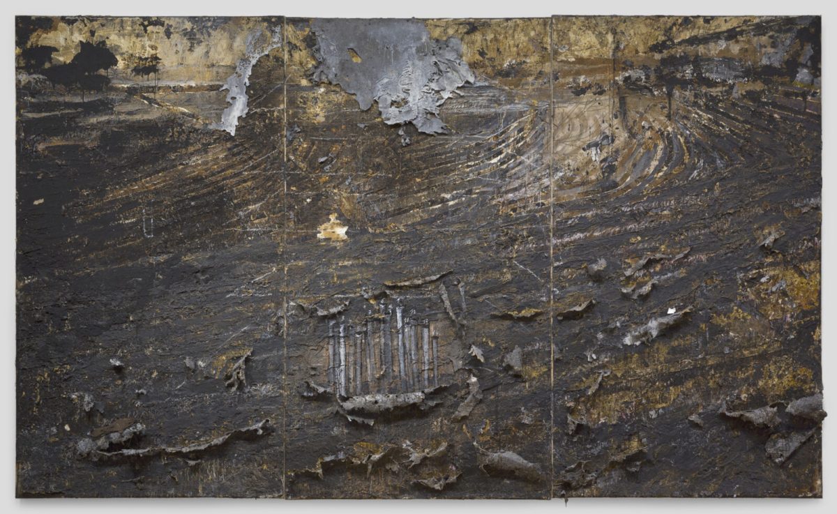 Anselm Kiefer, German, born 1945; “Brennstäbe” (Fuel Rods), 1984–87; oil, acrylic emulsion, and shellac on canvas with lead, copper wire, straw, iron, and ceramic; 130 1/4 inches x 18 feet 3 inches; Saint Louis Art Museum, Gift of Mr. and Mrs. Joseph Pulitzer Jr., by exchange 108:1987a-c; © Anselm Kiefer