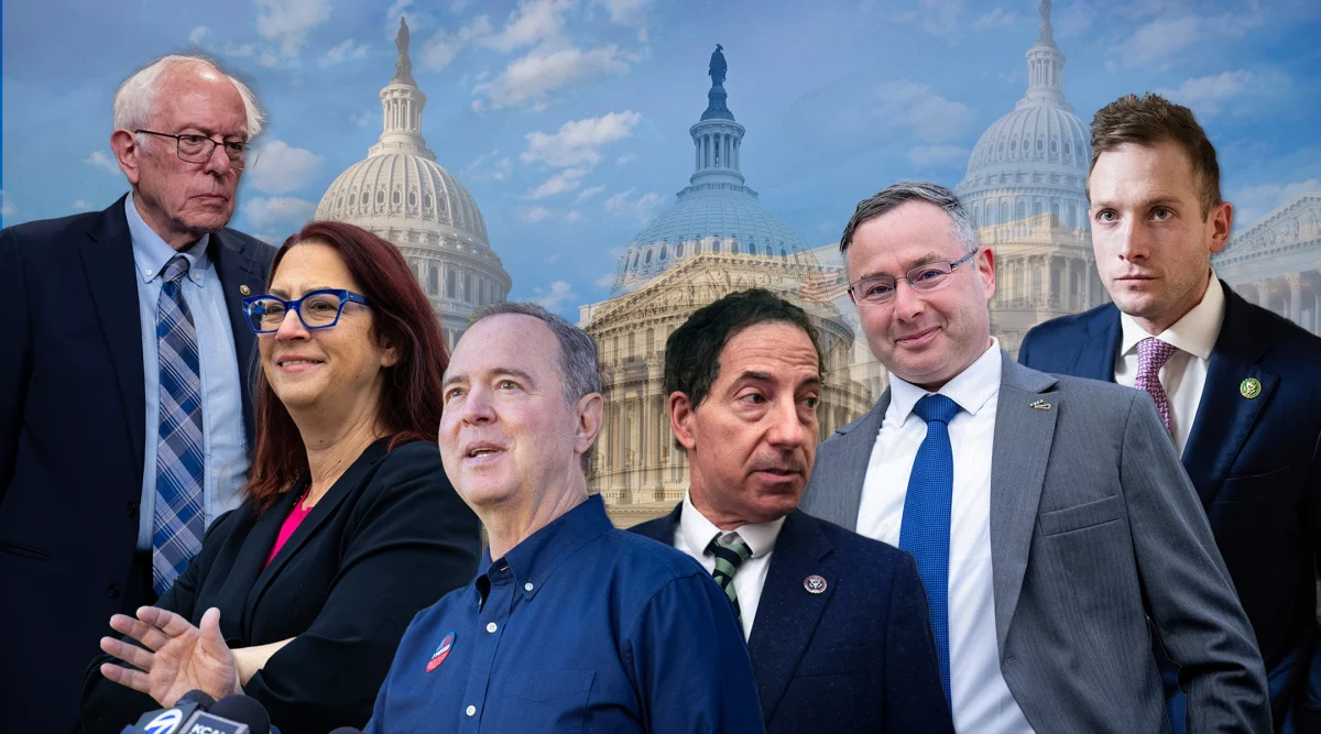 Left to Right: Vermont Sen. Bernie Sanders, California Rep. Laura Friedman, California Sen. Adam Schiff, Maryland Rep.Jamoe Raskin, Virginia Rep. Eugene Vindman, Ohio Rep.Max Miller. 