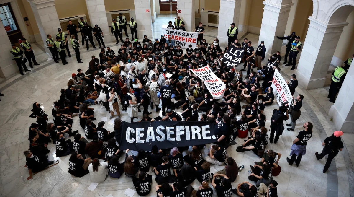 Demonstrators from Jewish Voice for Peace and the IfNotNow movement hold a rally demanding a ceasefire in Gaza in the rotunda of the Cannon House Office Building in Washington, D.C. on Oct. 18, 2023. 