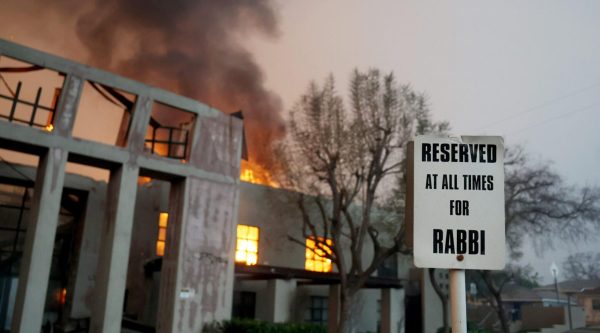 The Pasadena Jewish Temple & Center smolders after burning in the Eaton Fire in Pasadena, California, Jan. 8, 2025. (Mario Tama/Getty Images)