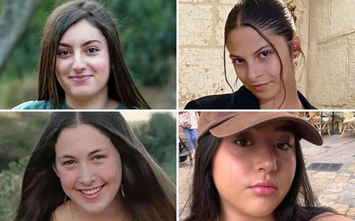 IDF field observers Karina Ariev (top left), Daniella Gilboa (top right), Naama Levy (bottom left) and Liri Albag (bottom right) were redeemed from Hamas captivity in Gaza, Jan. 25, 2024. Credit: Courtesy