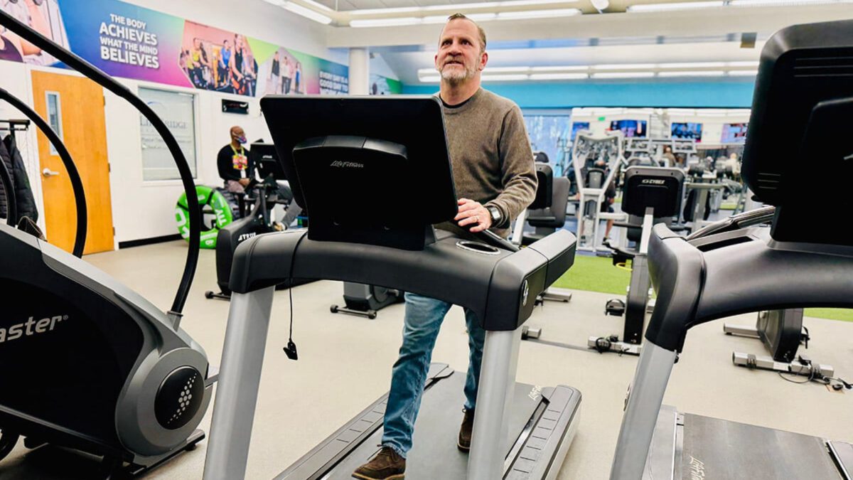 Barak Hermann, the incoming president and CEO of the JCCs of North America, on a treadmill at a JCC in Baltimore. Photo by Benyamin Cohen