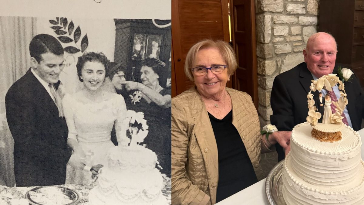 Then and now: Aron and Jeanne Katzman on their wedding day 65 years ago and at a recent anniversary celebration.