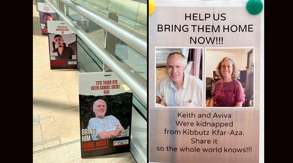 A hostage poster showing Keith Siegel can be seen at Israel's Ben-Gurion Airport. (Jane Gabin)