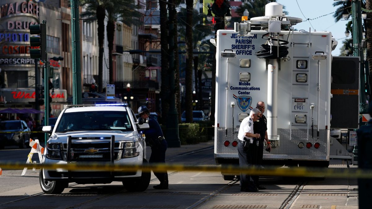 Jan 1, 2025; New Orleans, LA, USA; A general view of police vehicles at the intersection of Canal and Bourbon Street. The Sugar Bowl CFP quarterfinal between Georgia and Notre Dame was postponed after an attack on Bourbon Street. 