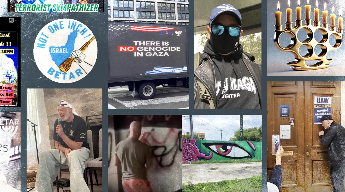 Actions and images from Betar US and its allies since its formation in 2024 include (from top-left, clockwise): a button associated with the original Beitar group; messages on a truck driven outside Washington, D.C., during a visit by Benjamin Netanyahu; a masked Betar member planning to disrupt a pro-Palestinian protest; a brass-knuckle menorah shared on Betar social media; Betar former executive director Ross Glick knocking on Rep. Rashida Tlaib's office in Capitol Hill; Betar member Jakob Schanzer spraying over a pro-Palestinian mural in New Orleans; and singer Matisyahu endorsing Betar. 