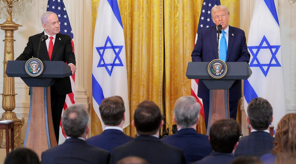 Israeli Prime Minister Benjamin Netanyahu and U.S. President Donald Trump speak during a joint press conference in the East Room of the White House on Feb. 4, 2025, in Washington, DC.  