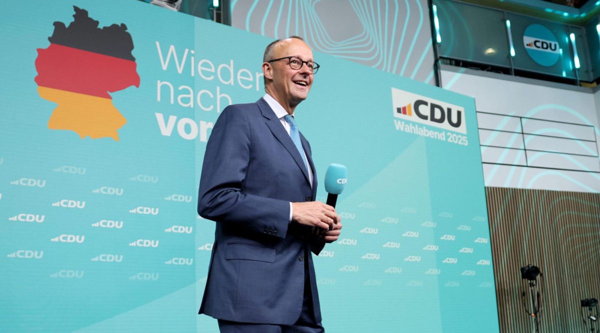 Friedrich Merz, chancellor candidate of Germany’s Christian Democrats, speaks to supporters at CDU headquarters in Berlin following preliminary results showing him leading in federal elections, Feb. 23, 2025. (Maja Hitij/Getty Images)