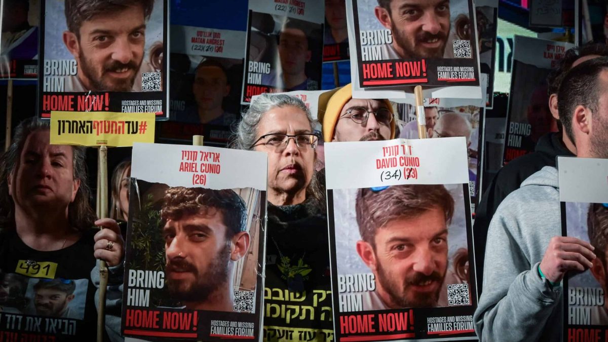 Israelis rally in Tel Aviv for the release of the remaining 76 hostages being held hostage by Hamas terrorists in Gaza, Feb. 8, 2025. 