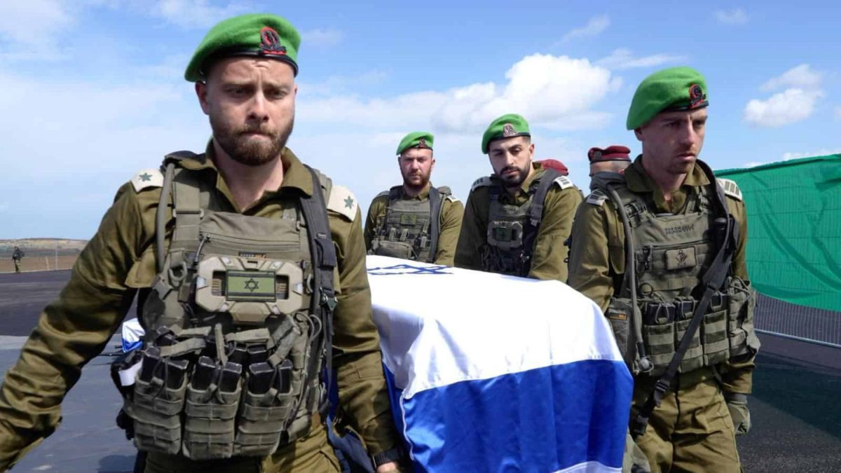 IDF soldiers at the ceremony to receive the coffins of the four deceased hostages on Feb. 20, 2025. 