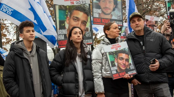 The family of Edan Alexander, an American held captive in Gaza, protests for his release in December 2024 in New York City. (Alon Kaplun)