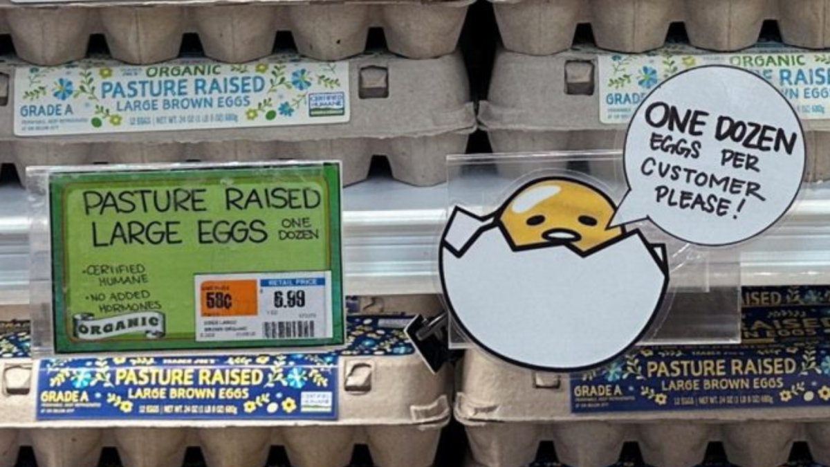 A sign for customers shopping for eggs at Trader Joe’s hangs by the cartons in Merrick, New York, U.S., February 16, 2025. 
