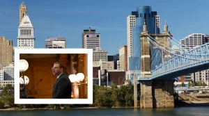 The skyline of Cincinnati (Getty Images); inset: Rabbi Ari Jun. (Courtesy)