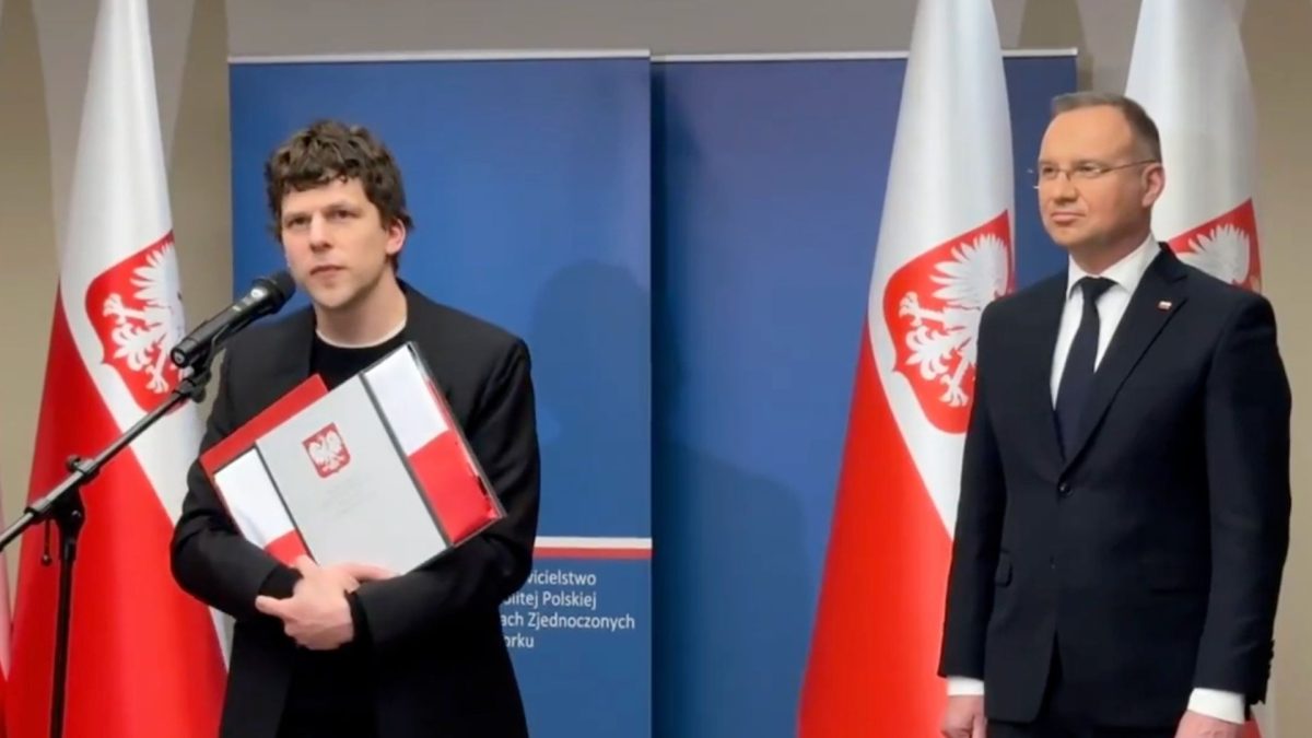 Actor and director Jesse Eisenberg speaks at a ceremony in New York City where he received Polish citizenship from Poland's president, Andrzej Duda, March 4, 2025. (Screenshot)