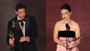 Adrien Brody and Mikey Madison accepting their Oscars during the Oscars show at the 97th Academy Awards in Hollywood.