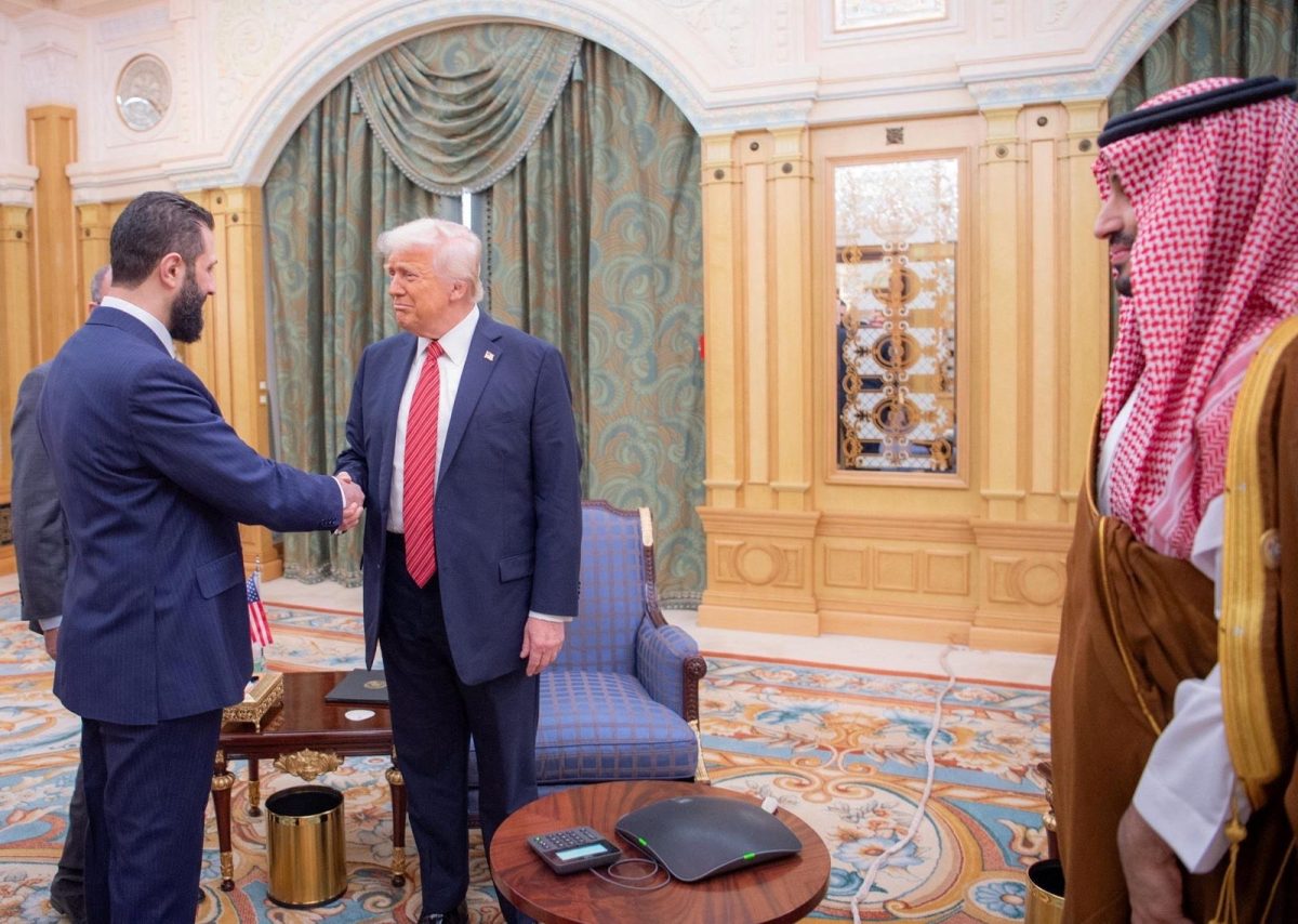 U.S. President Donald Trump meets with Syrian President Ahmed al-Sharaa in Riyadh, Saudi Arabia, in this handout released on May 14, 2025. Saudi Press Agency/Handout via REUTERS